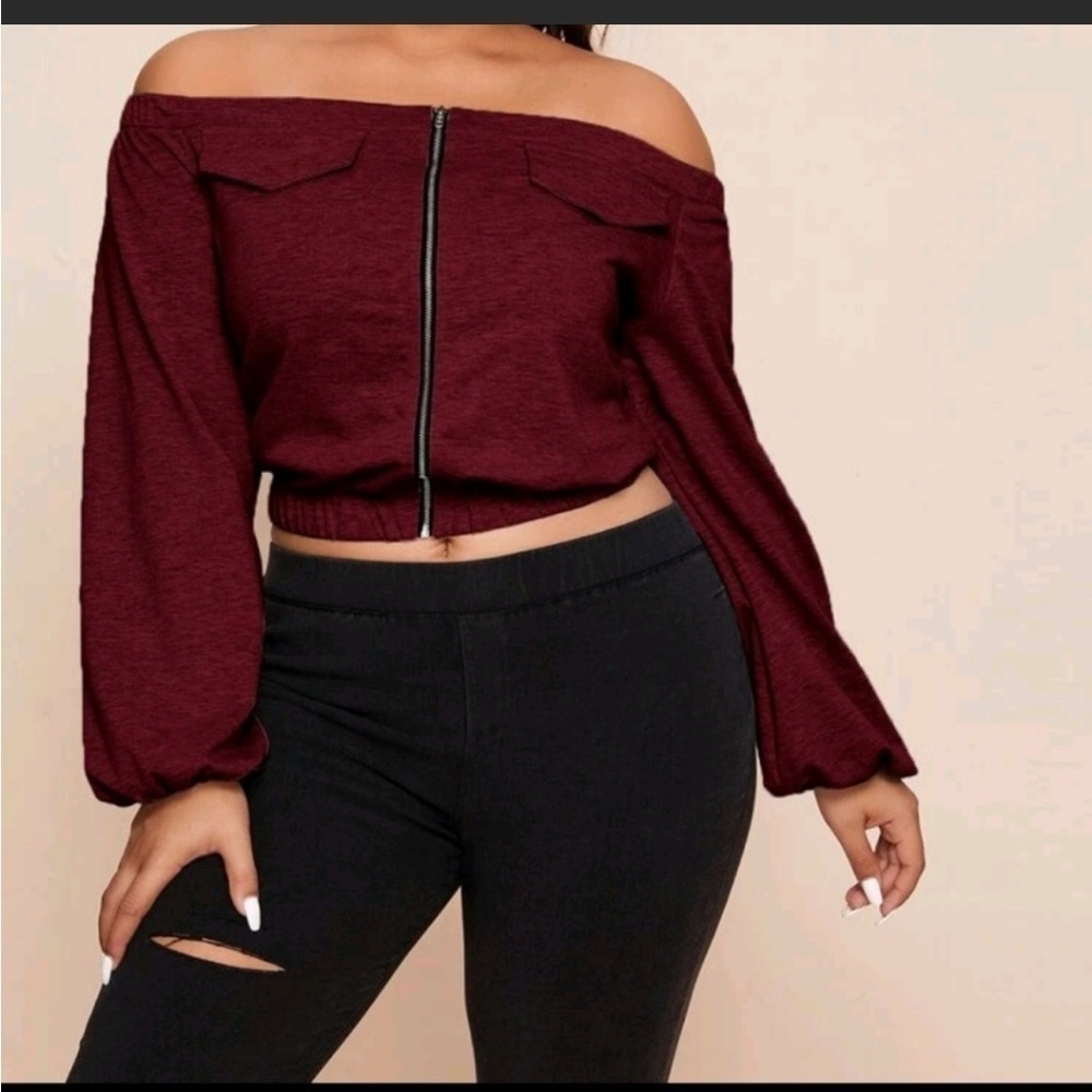 Shein Curve Off‎ Shoulder Cropped Zip-Up Top
